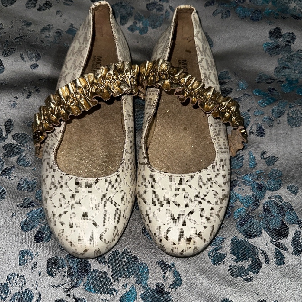 Michael Kors Girls Beige Logo Ballet Flats with Gold Strap